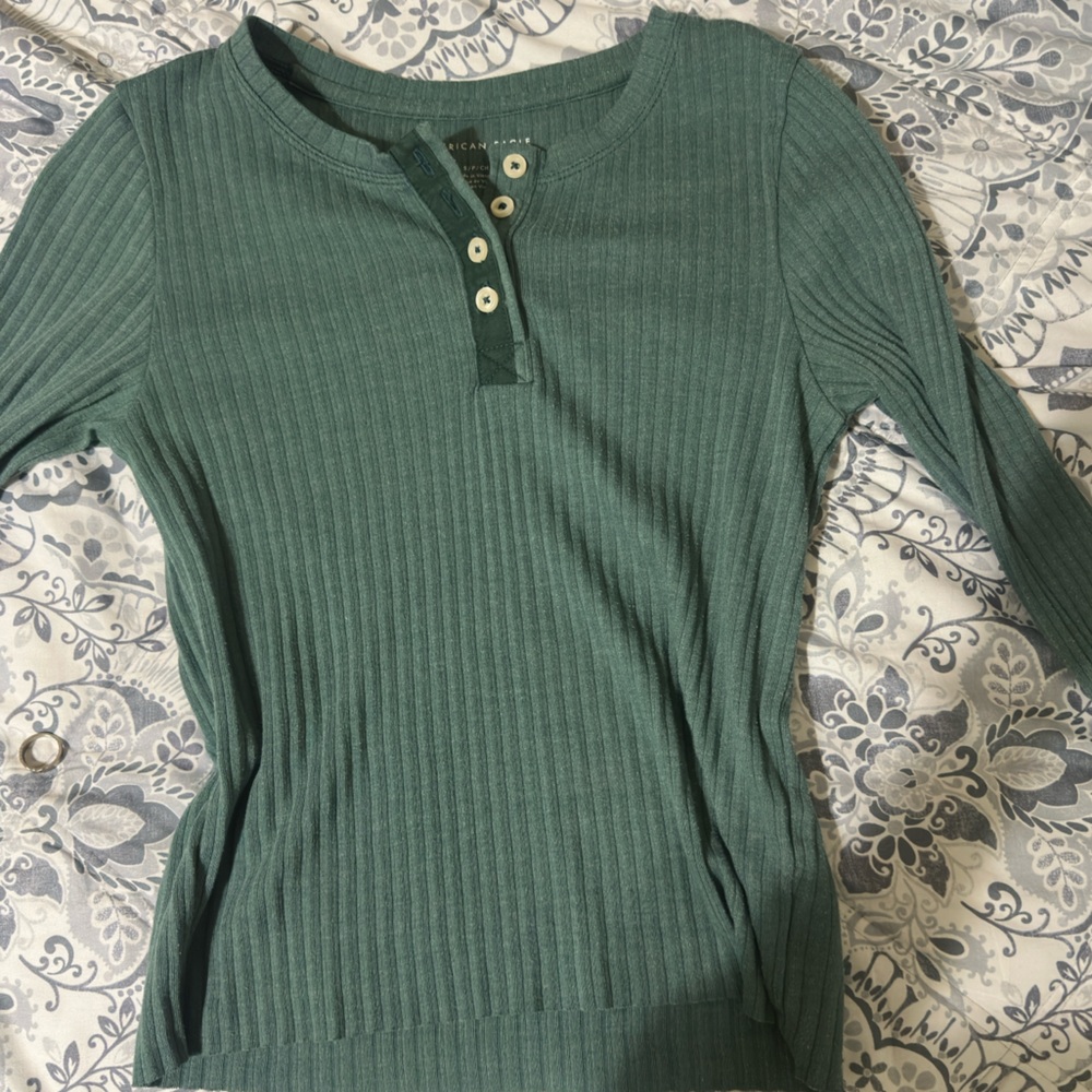 American Eagle Outfitters Teal Ribbed Button-Up Blouse